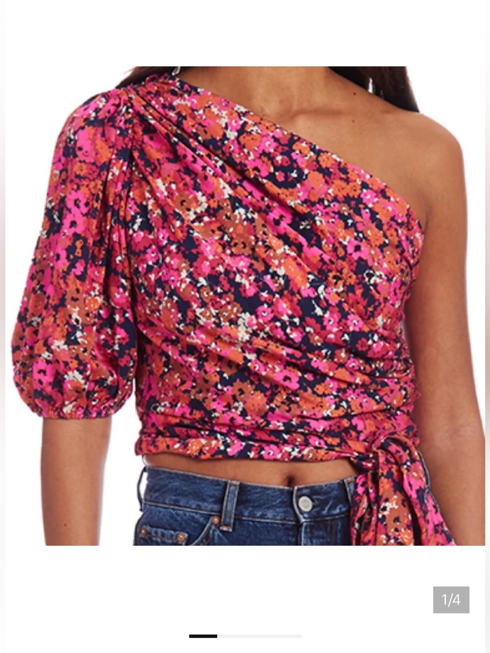 Amanda Uprichard One-Shoulder Floral Top in Pink and Orange Mix